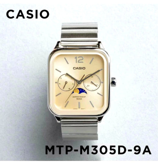 Casio MTP-M305D-9A silver stainless steel analog quartz watch with square face, brand new with protective film