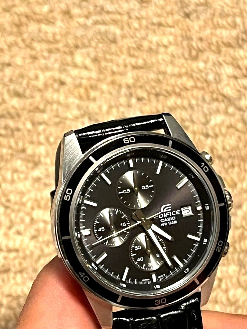 Casio Edifice Chronograph men's quartz watch with stainless steel case and black leather band