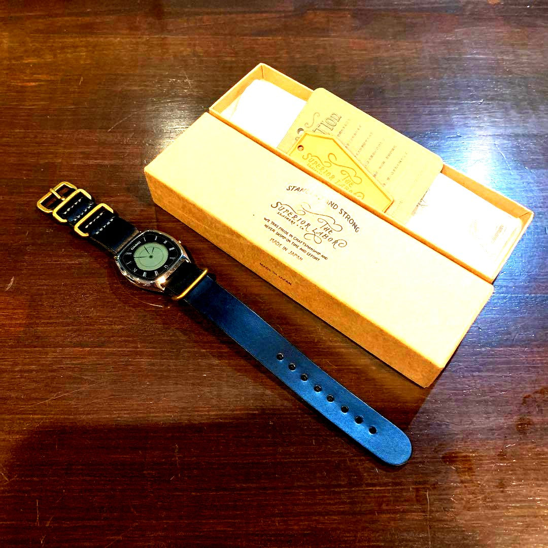 Black Superior Labor leather watch strap with tags for Casio watches, unused condition