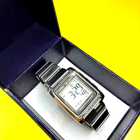 Casio i-RANGE Wave Ceptor radio-controlled watch with multi-segment display and front button on wrist