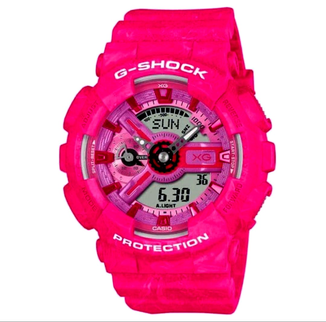 Casio G-Shock XG Collaboration GMA-S110XG-4AJR watch with bright pink marble pattern and analog-digital display
