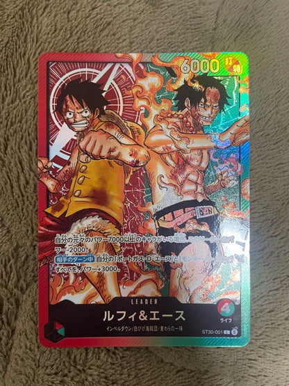 One Piece Card Game Luffy & Ace Leader Parallel card with 6000 power and strike attribute, model ST30-001