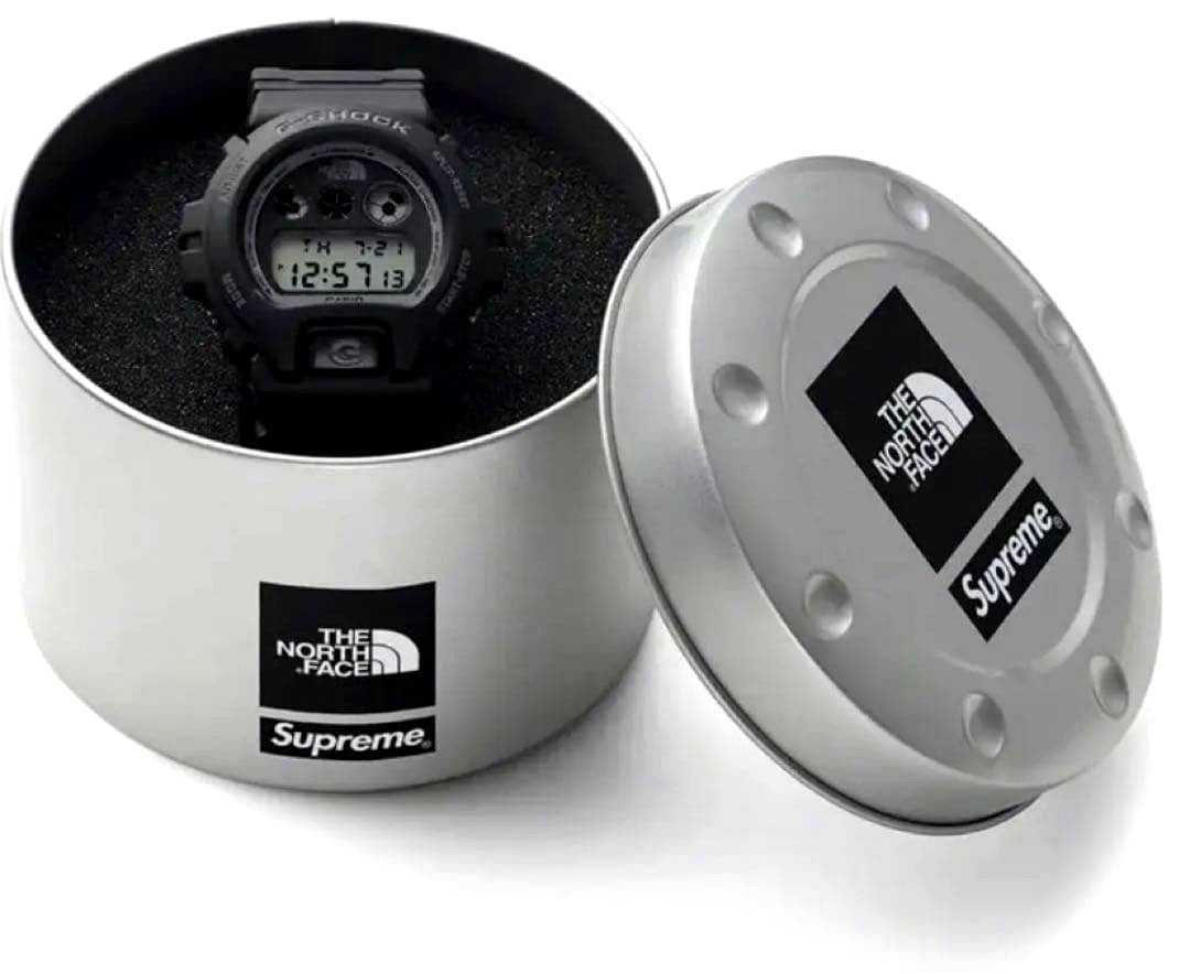 Supreme The North Face G-Shock DW-6900 Black Watch showing black band with Supreme and The North Face logos