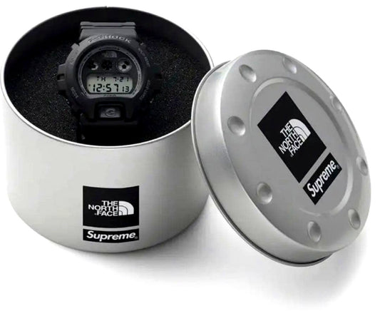 Supreme The North Face G-Shock DW-6900 Black Watch showing black band with Supreme and The North Face logos