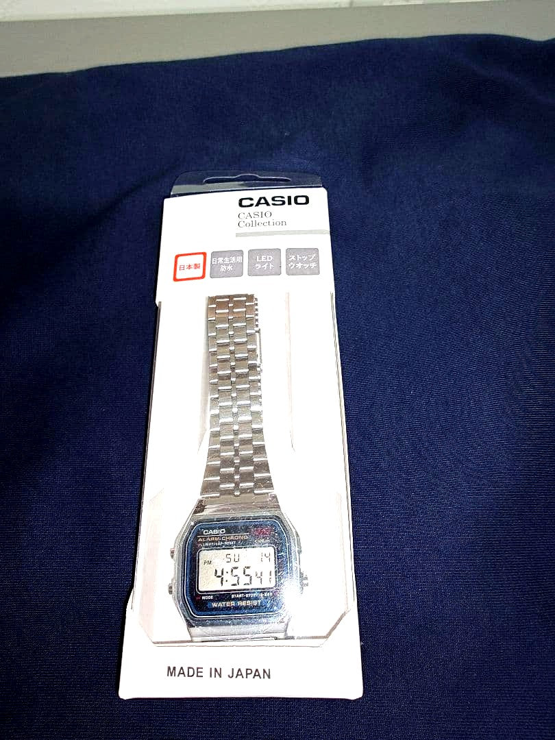 Casio A159WA-N1JH silver digital watch with LED backlight and stopwatch shown from front