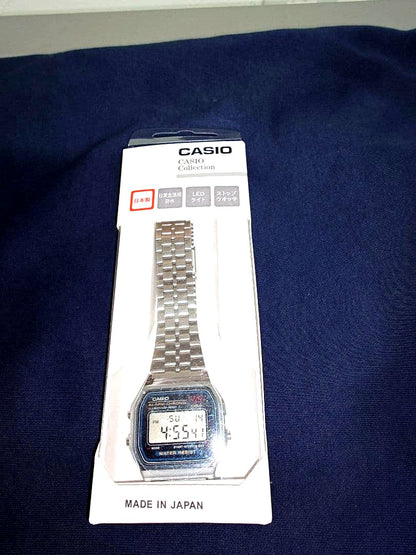 Casio A159WA-N1JH silver digital watch with LED backlight and stopwatch shown from front