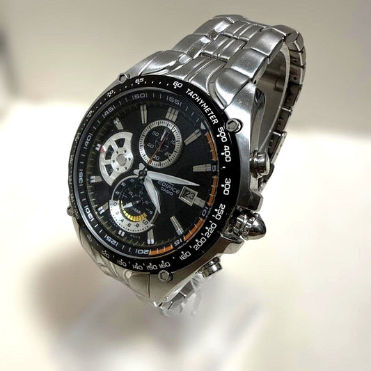 Casio Edifice EF-543DJ quartz watch with black and silver round dial and stainless steel band