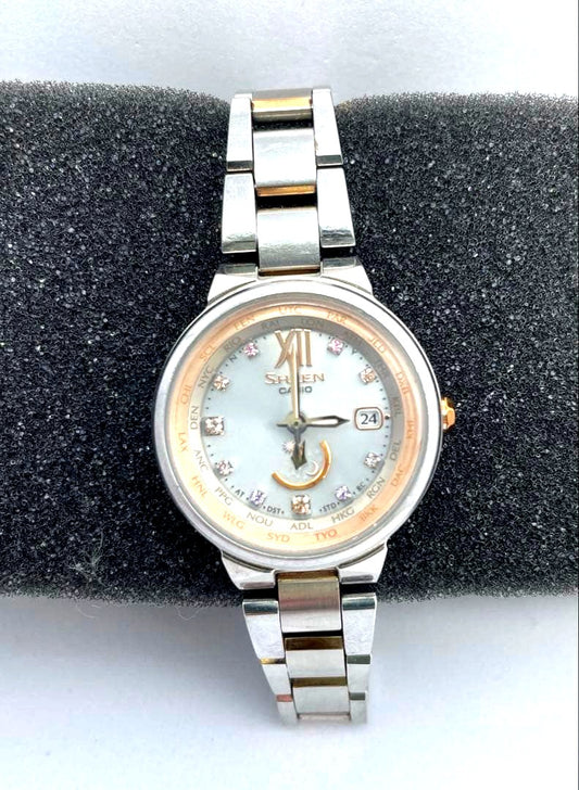Casio Sheen SHW-1507BSG-7AJF pink gold analog watch with decorative dial and date display