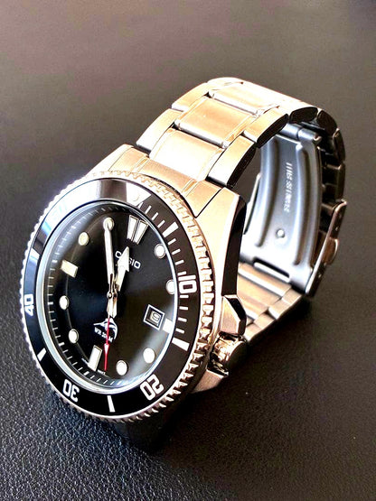 Casio Diver's Watch MDV-106-1AV with silver metal band showing round black dial and date window