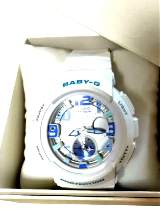 Casio Baby-G BGA-190-7BJF dual dial world time watch with 48 city time zones white band and 3D world map design
