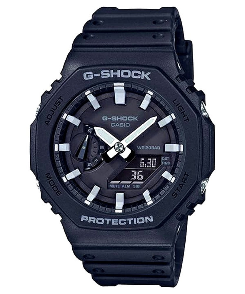 Casio G-Shock GA-2100-1 black digital analog watch with white backlight and octagonal case design