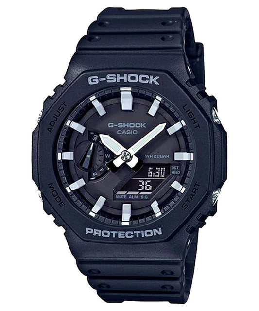 Casio G-Shock GA-2100-1 black digital analog watch with white backlight and octagonal case design