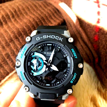 Casio G-Shock Carbon Core Guard GA-2200M-1AJF black watch with resin band, Japan import, shown front view