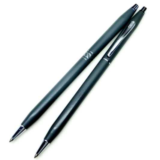 Two Cross gray twist-type ballpoint pens with black and blue ink in metal body, set of 2 pieces