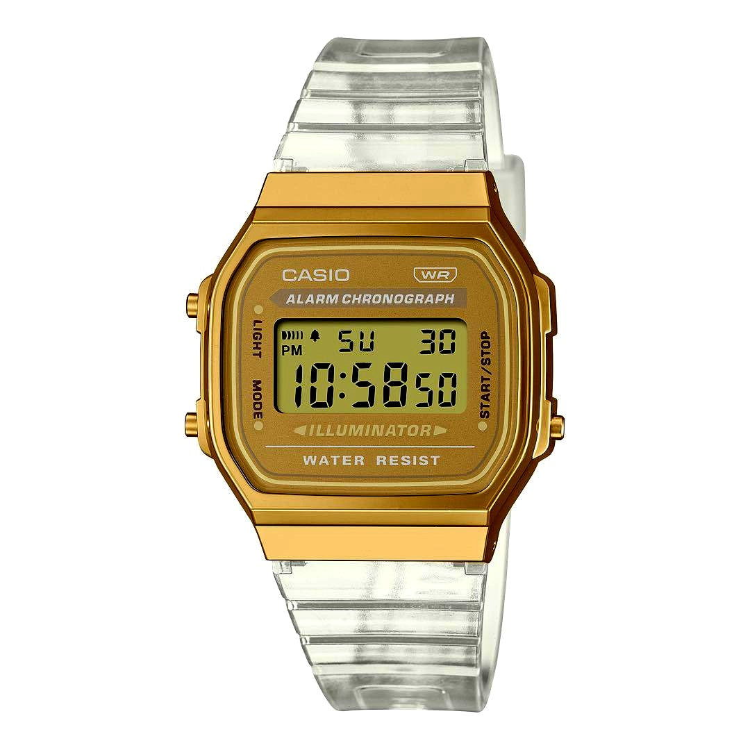 Casio A168XESG-9 Skeleton Gold Watch with gold resin band showing front face and strap