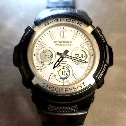 Casio G-Shock AWG-M100S digital watch in silver and black with shock resistant design and digital display