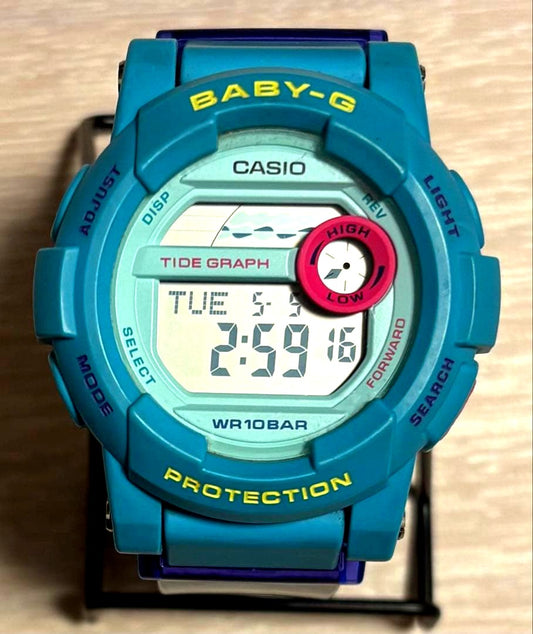 Casio Baby-G BGD-180FB digital watch with resin band and tide graph display