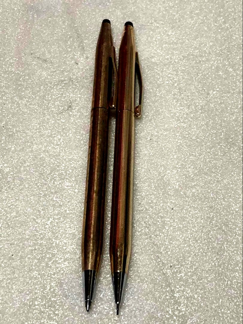 Cross 1/20 14KT gold ballpoint pen and mechanical pencil set shown on a white background