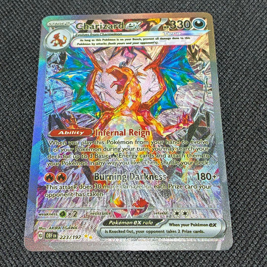 Bandai Charizard Ex SAR 223/197 Pokémon card overseas edition with minor back indentation in double sleeves