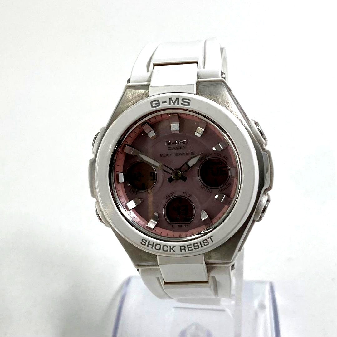 Casio Baby-G MSG-W100 radio solar watch with pink dial and white band on display