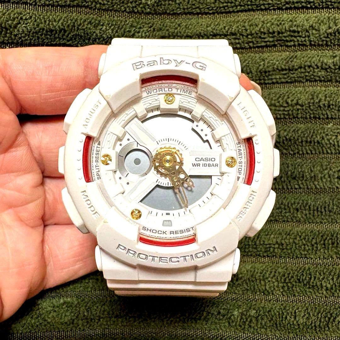 Casio Baby-G BA-110DDR-7AJF white watch with diamond accents and shock-resistant design