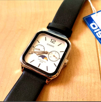 Casio M305L Moon Phase Watch showing classic analog dial with moon phase indicator and leather strap