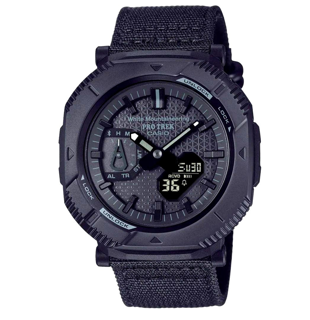 Casio Pro Trek PRJ-B001WM-1JR watch in all-black White Mountaineering collaboration model 2024