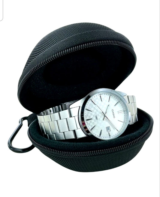 Casio MTP-VD03D-7A analog silver watch with stainless steel case, rubber strap, and nylon storage case