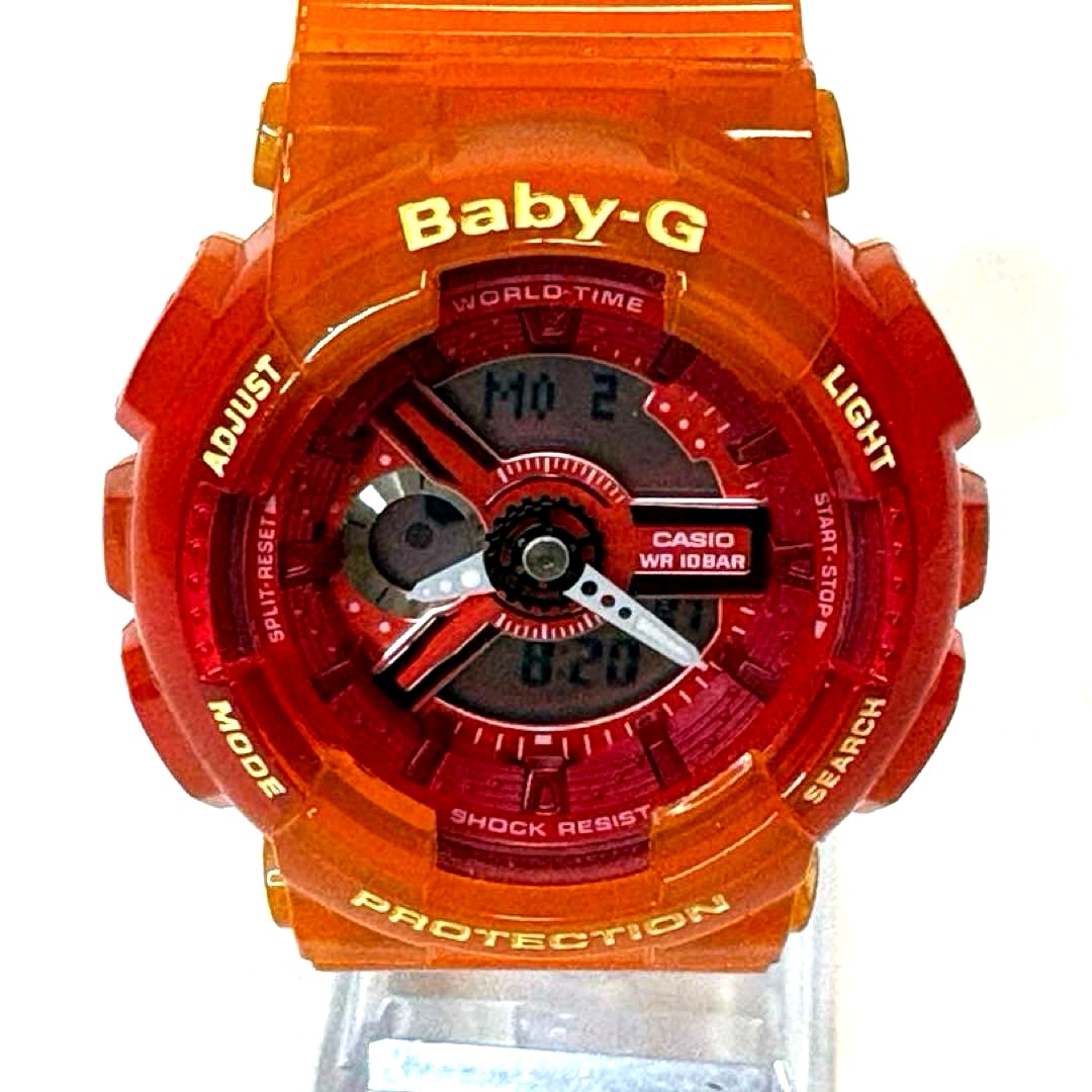 Casio Baby-G BA-110JM-4AJF watch with orange resin band showing digital and analog display