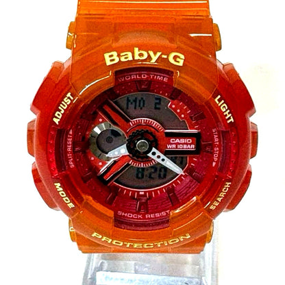 Casio Baby-G BA-110JM-4AJF watch with orange resin band showing digital and analog display