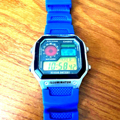 Casio AE-1200WH digital watch with world time, LED backlight, and multiple alarms