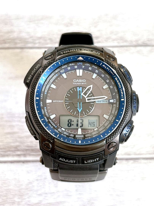 Casio Pro Trek PRW-5000Y watch with clear glass and worn bezel shown from front angle