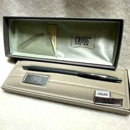 Cross gray metal ballpoint pen with silver clip displayed in its case, made in USA