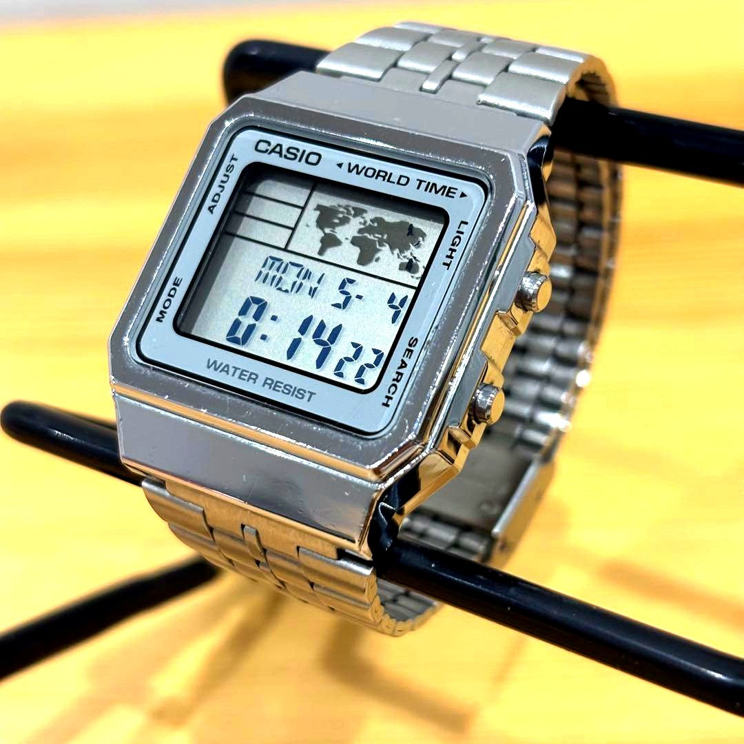 Casio World Time Digital Watch A500W with silver case and black digital display, 33mm size, Japan import