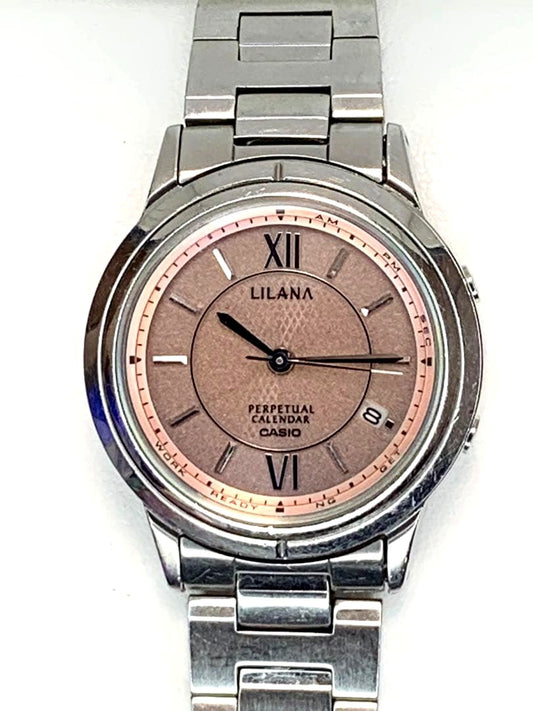 Casio Lilana LNA-1 ladies watch with pink dial and stainless steel band, solar powered and radio controlled