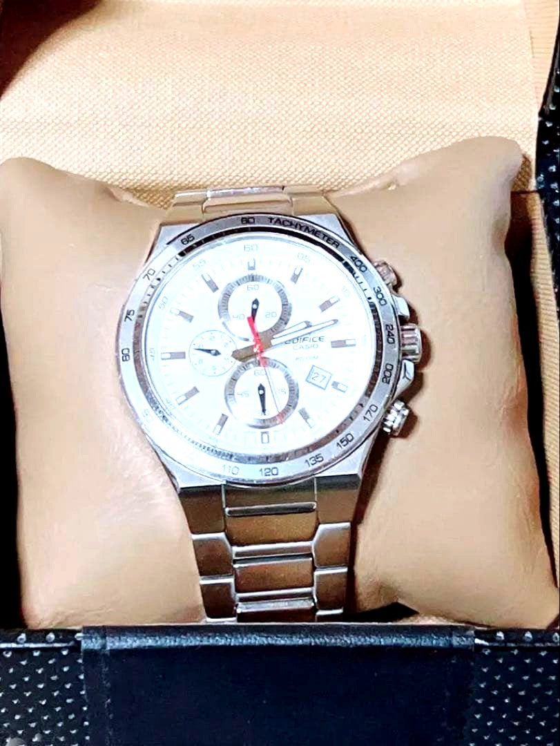 Casio Edifice Chronograph watch silver and white stainless steel with 10 ATM water resistance and scratch on side