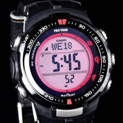 Casio PRO TREK PRW-3000G-1JR black and red digital outdoor watch with battery level display