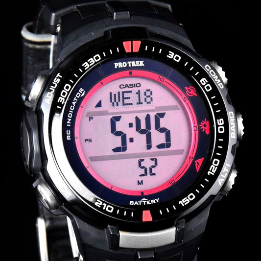 Casio PRO TREK PRW-3000G-1JR black and red digital outdoor watch with battery level display