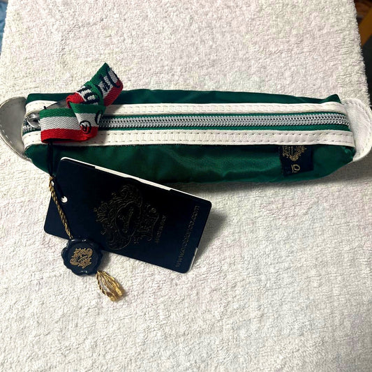 Orobianco green leather and nylon zippered pencil case with ribbon and cleaning cloth included