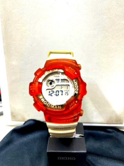 Casio Baby-G Frogman BGW-105K watch with white strap showing slight wear and glass scratches