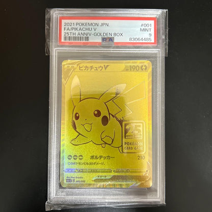 Pokemon Card Pikachu V 25th Anniversary PSA9 graded golden collectible card in protective sleeve