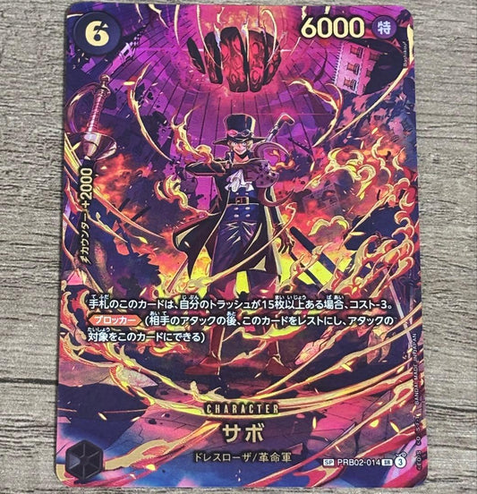 One Piece Sabo SP Egghead Crisis Trading Card with visible scratches and stains from Japan import