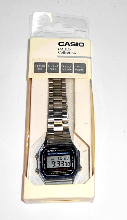 Casio A168WA-1A2WJR digital quartz watch with metal band and original box