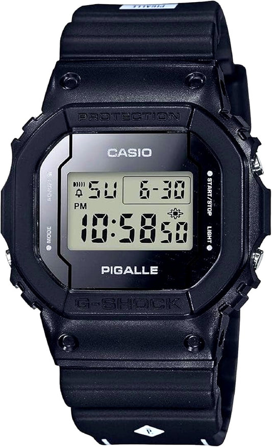 Casio G-Shock PIGALLE digital watch with black rubber band showing digital display