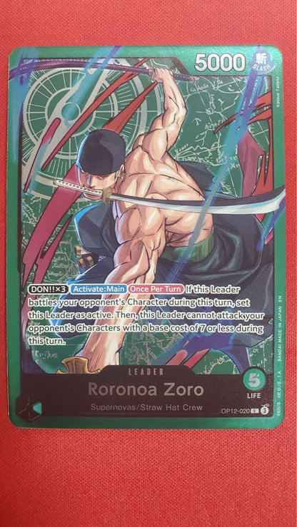 One Piece Card Game Roronoa Zoro Leader Card OP12-020 showing front design, Japan import, stored in sleeve