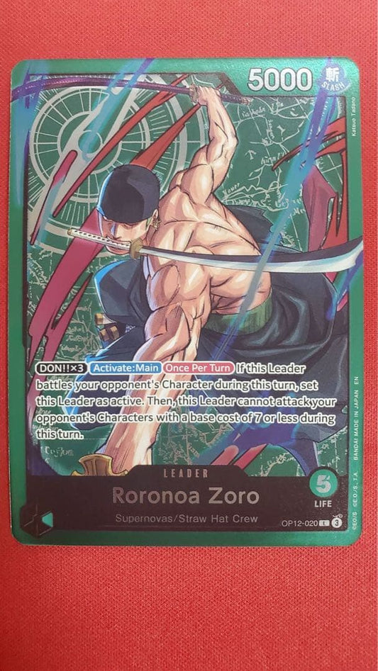 One Piece Card Game Roronoa Zoro Leader Card OP12-020 showing front design, Japan import, stored in sleeve