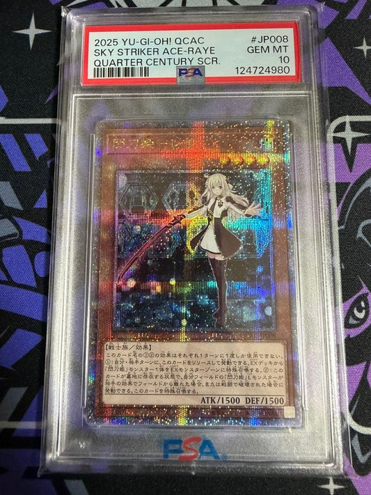 Yugioh Sky Striker Ace Raye Quarter Century Secret Rare PSA 10 graded Japanese card in protective crystal pack