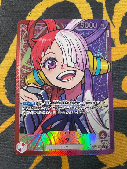 Uta One Piece Card Game Leader Parallel OP06-001 card with film elements showing slight corner defect