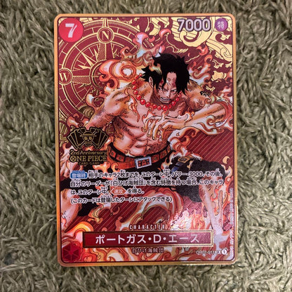 One Piece Portgas D. Ace 2nd Anniversary gold frame character card from Japan with model OP02-013