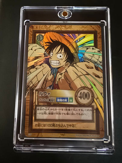 One Piece Hyper Battle Carddass Luffy Gum-Gum Gatling Gun collectible game card in protective loader